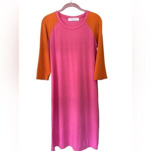 SONNET JAMES Pink and Orange Color Blocked Tencel Midi Dress Size S